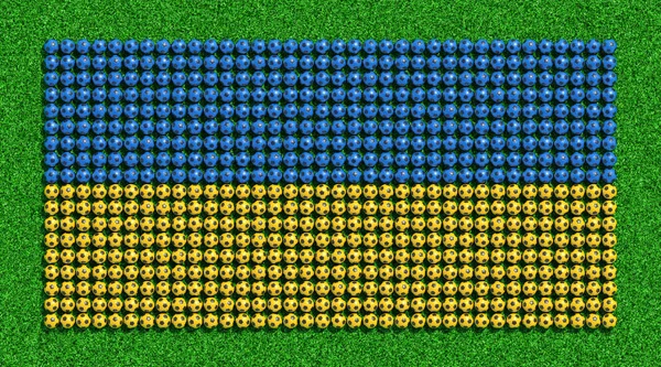 芝生のフィールドでサッカー ボールからウクライナの旗 のレンダリング — ストック写真