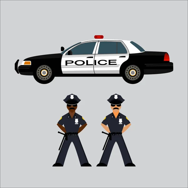 Polizeiwagen und ein Polizist in Uniform. Eine Art Polizeiauto links. Offizier. Rettung. Vektorillustration — Stockvektor