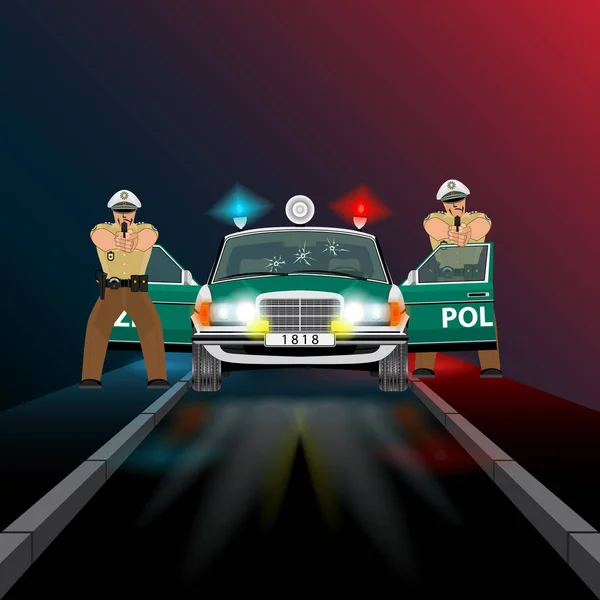 Police. Car police. Policeman with a gun in uniform. Officer. Brigade and rescue team. German police. Detention. Burning lights lighthouses. Shot on car glass. — Stock Vector