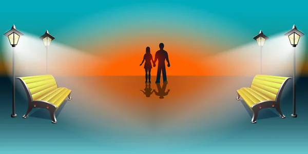 Sarı tezgah ve fener. Yükselen güneş ayna yansıması. Bir erkek ve bir kadın ve onların gölge siluet.