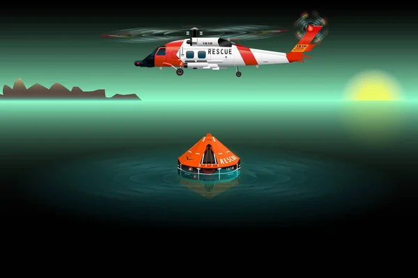 Helikopter Kurtarma ekipleri. Soldan Görünüm. Kurtarma botu. Felaket denizin içinde. Vektör çizim