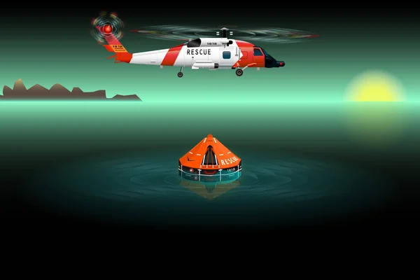 Hélicoptère Sauvetage Radeau Sauvetage Catastrophe Dans Mer Illustration Vectorielle — Image vectorielle