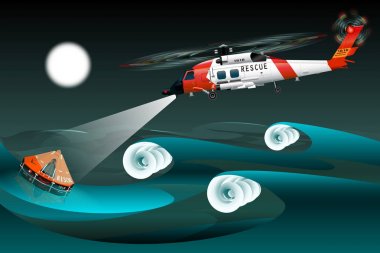 Helikopter Kurtarma ekipleri. Soldan Görünüm. Kurtarma botu. Felaket denizin içinde. Fırtına. Ay. Dalgalar. İyi geceler. Kurtuluş su. Vektör çizim