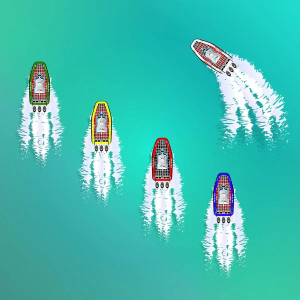 Kurtarma tekneleri ayarlayın. Sahil Güvenlik. Yukarıdan görüntüleyin. Hareket halinde yazın. Farklı renkte. İzole nesneleri. Deniz yeşil rengi. Vektör çizim