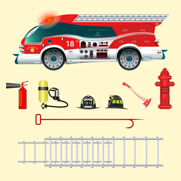 Tűz Teherautó Nézd Meg Kreatív Tűzoltó Készülék Egy Léggömb Levegő — Stock Vector