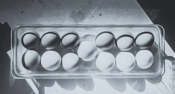 Ovos em uma bandeja plástica no branco. Ovos de Páscoa. Estilo preto e branco . — Fotografia de Stock