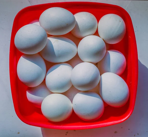 Ovos de galinha na cesta de plástico — Fotografia de Stock