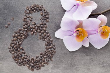 Kahve çekirdekleri sekiz numara ve güzel arka plan üzerinde orkide şeklinde. Dünya Kadınlar Günü. 8 Mart