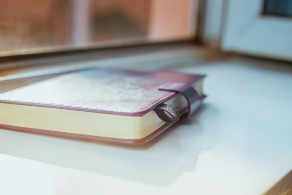 Bruin lederen notitieboek dagboek met Stripee op witte achtergrond — Stockfoto