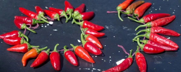Red hot chili peppers açık havada. Karanlık kurulu arka plan üzerinde kırmızı ve yeşil biber