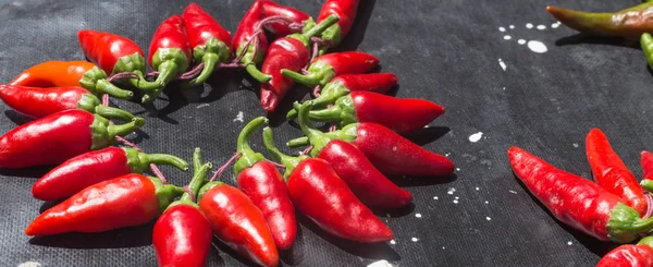 Des piments rouges à l'extérieur. Poivre rouge et vert sur fond de tableau sombre — Photo