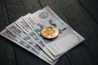 Özbek banknot ve Bitcoin. Elli bin Özbek toplamları