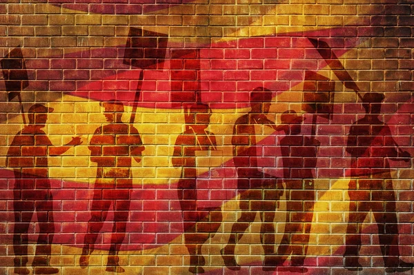 İnsanlara karşı protesto siluetleri Barcelona bayrağı molada duvar arka plan