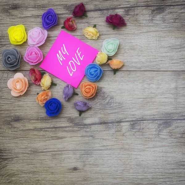 valentines day decor. flowers on wood. Background image 2018 year: with text on sticker: My Love