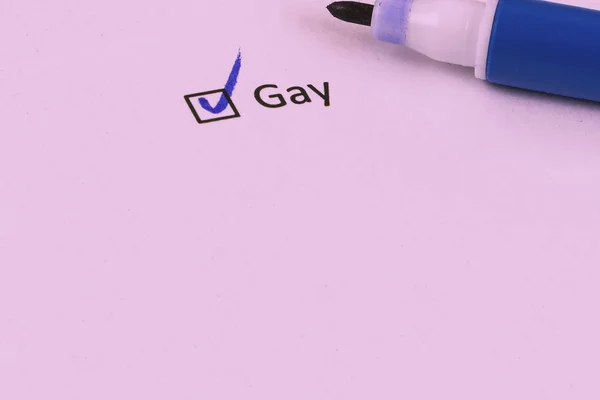 Questionário, sondagem. Caixa de verificação com um marcador e a inscrição: GAY on white paper — Fotografia de Stock