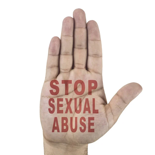 Schluss mit sexuellen Missbrauchswörtern, die auf Männerhand geschrieben stehen. isoliert auf weißem Hintergrund — Stockfoto