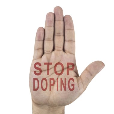 Erkeğin el üzerinde yazılan Doping sözcükler durdurmak. Beyaz arka plan üzerinde izole