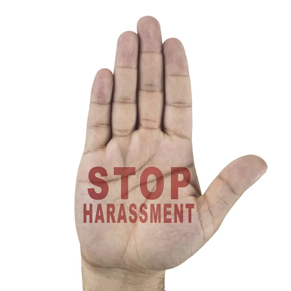 Σταματήσετε την παρενόχληση λέξεις γραμμένες στο χέρι του αρσενικού. Απομονωμένα σε λευκό φόντο — Φωτογραφία Αρχείου
