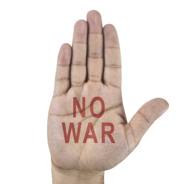 Dur jestle beyaz izole kelime - Hayır savaş - elini kaldırdı