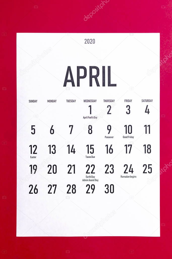 April 2020 calendar with holidays