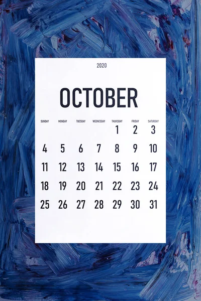 Outubro 2020 calendário simples na moda clássica cor azul — Fotografia de Stock