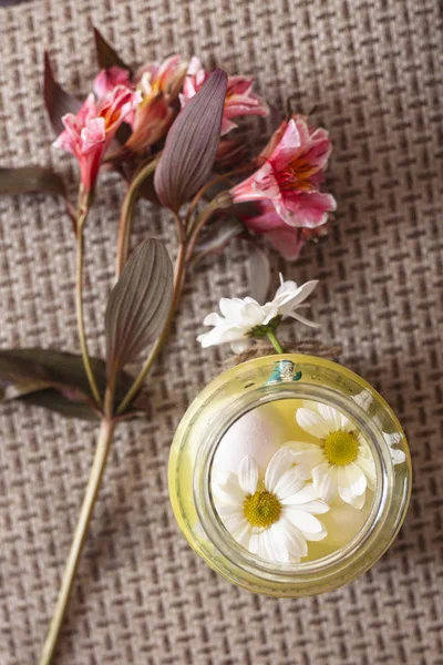 Kolorowy wiosenny kwiat i słoik pełen pisanek — Zdjęcie stockowe