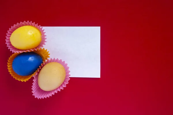 Oeufs de Pâques colorés décorés avec morceau de papier vide — Photo