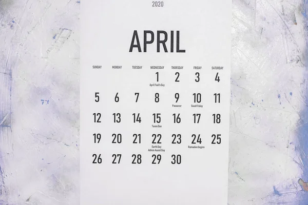 Abril 2020 Calendário Mensal Com Feriados Vista Cima — Fotografia de Stock