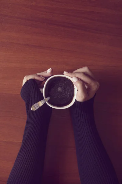 Woman Coffee Shop Unrecognizable Woman Drinking Coffee Cozy Home Environment — Stock Photo, Image