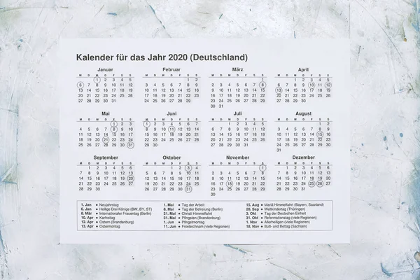 Kalender fur das Jahr 2020 Deutschland. Translation: 2020 year calendar with national holidays of Germany. Yearly calendar in Dutch