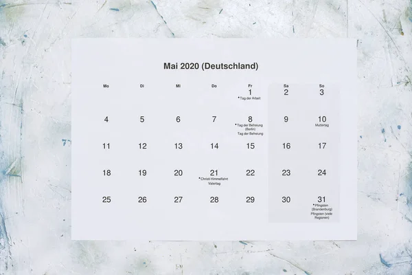 Monatskalender Mai 2020 Tłumaczenie Miesięczny Maj 2020 Kalendarz Paper Maj — Zdjęcie stockowe