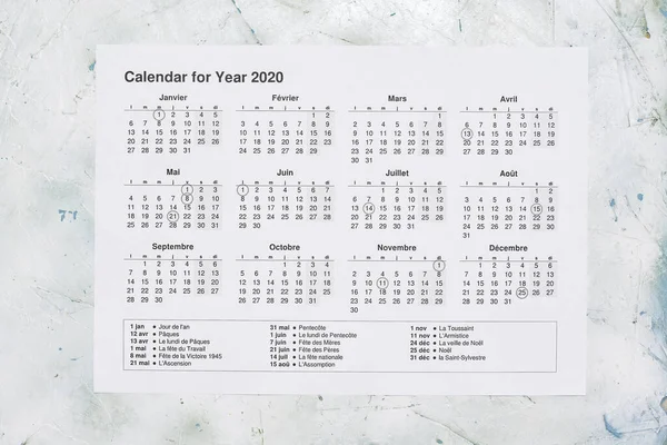 França Papel Calendário Anual Calendário Anual 2020 Com Feriados Nacionais — Fotografia de Stock