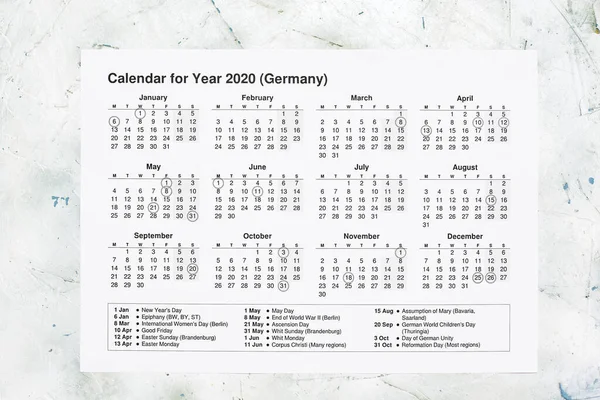 Éves Papírnaptár Németországnak 2020 Évi Naptár Holland Nemzeti Ünnepnapokkal Kilátás — Stock Fotó