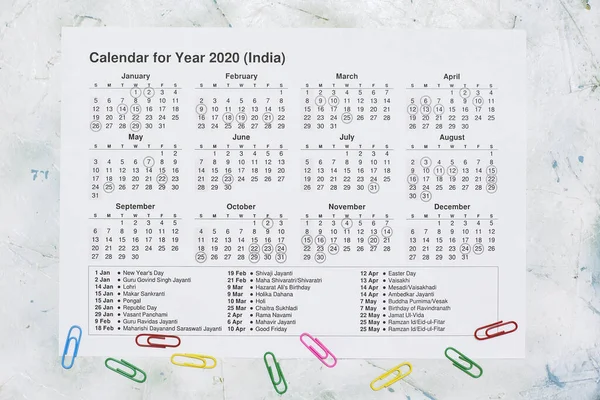 Calendário Anual Papel Para Índia 2020 Calendário Anual Com Feriados — Fotografia de Stock