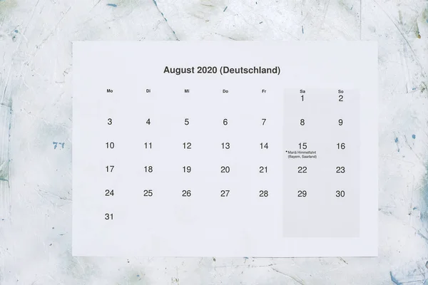 Monatskalender 2020 Augusztus Fordítás Havi Augusztus 2020 Naptár Papír Augusztus — Stock Fotó