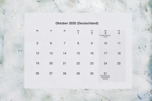 Monatskalender Oktober 2020 Vertaling Maandelijks Oktober 2020 Kalender Papier Oktober — Stockfoto