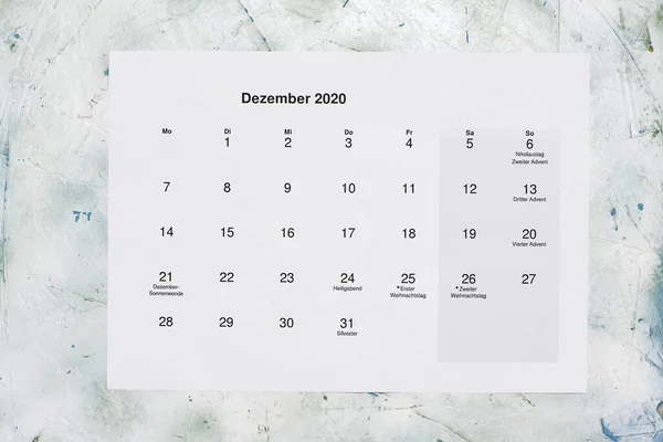 Monatskalender Dezember2020 Překlad Měsíční Prosinec 2020 Kalendář Papír Prosinec Měsíc — Stock fotografie