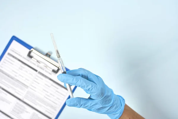 Doctor Holding Hands Syringe Vaccine Coronavirus Test Form Getting Covid — Stock Photo, Image