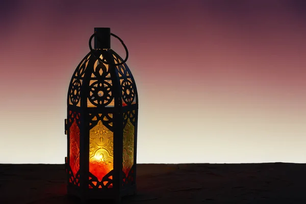 Ornamental Arabic Lantern Burning Candle Glowing Dark Festive Greeting Card — Stock Photo, Image