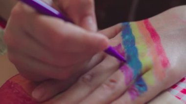 Gurur günü. Kadın el bileğine gökkuşağı bayrağı çiziyor. LGBTQ tarzı vücut sanatı. 2020 Onur Festivali. İnsan hakları, cinsiyet eşitliği kavramları