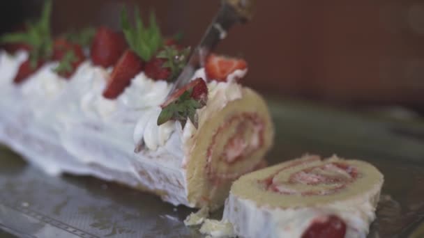 Mains Femme Méconnaissable Coupant Fraise Douce Fraîchement Cuite Long Cake — Video