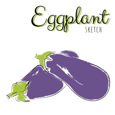 Patlıcanlı çizim. Çizgi film tarzında patlıcanlarla çizilmiş el boyası bileşimi. Beyaz arkaplanda izole.