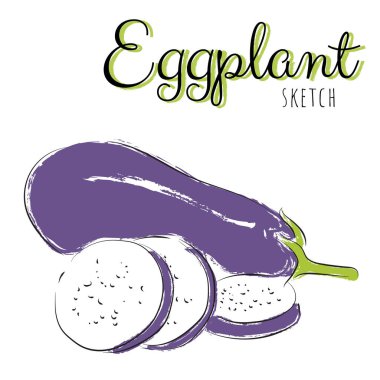 Patlıcanlı çizim. Çizgi film tarzında patlıcanlarla çizilmiş el boyası bileşimi. Beyaz arkaplanda izole.