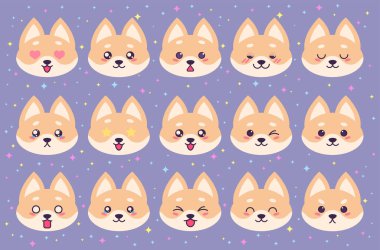 Şirin akita simgelerinden oluşan renkli bir vektör seti. Koleksiyon, çizgi film tarzında farklı duyguları olan komik köpekleri izole ediyor..