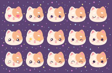 Küçük şirin kedi simgelerinden oluşan renkli bir vektör seti. Koleksiyon, çizgi film tarzında farklı duyguları olan komik kedi ağızlıklı kedi yavrusunu izole etti.