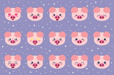 Küçük şirin domuz simgelerinden oluşan renkli bir vektör seti. Koleksiyon, çizgi film tarzında farklı duyguları olan komik domuz ağızlığı izole etti..