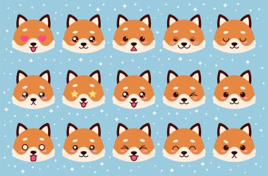 Şirin tilki simgelerinden oluşan renkli bir vektör seti. Koleksiyon, çizgi film tarzında farklı duygulara sahip komik ağızlık tilkisi izole etti.