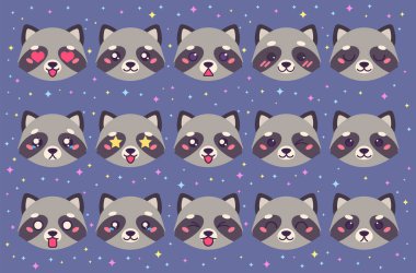 Şirin rakun simgelerinden oluşan renkli bir vektör seti. Koleksiyon, çizgi film tarzında farklı duygulara sahip komik bir ağızlık rakunu izole etti.