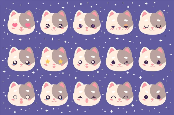 Ensemble Vectoriel Coloré Petits Émoticônes Mignons Chat Collection Isolé Drôle — Image vectorielle