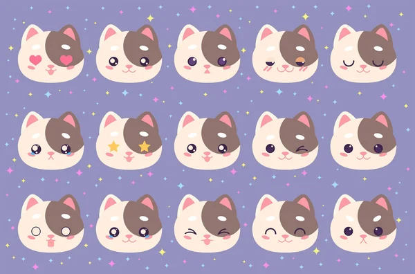 Conjunto Vetores Coloridos Pequenos Emoticons Bonitos Para Gatos Coleção Isolado — Vetor de Stock